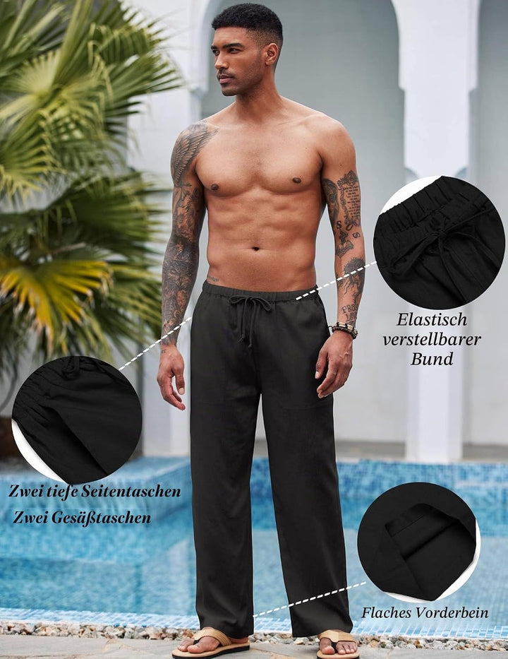 COOFANDY Herren Leinenhose mit Kordelzug Leicht Sommerhose Freizeithose Strandhose mit Tasche Schwar