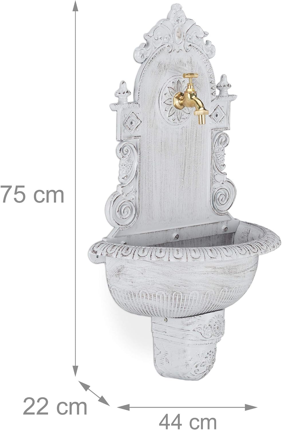 Relaxdays XL Wandbrunnen antik, mit Wasserhahn, nostalgisch, Waschbecken Garten, Aluguss, HBT 75 x 4