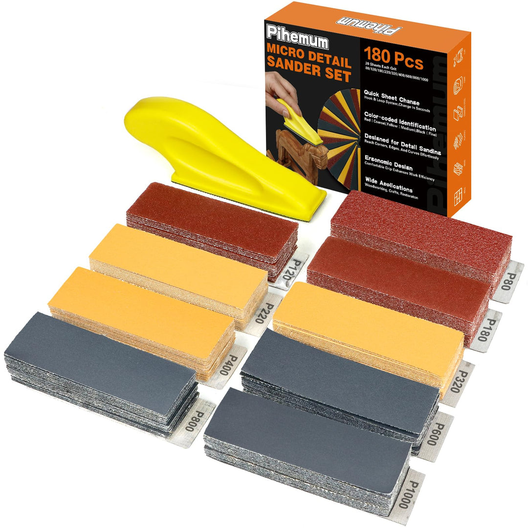 180 Stück Schleifpapier Set für Mini-Detailschleifer, Schleifblock mit Körnung 80-1000 für Holz, eng