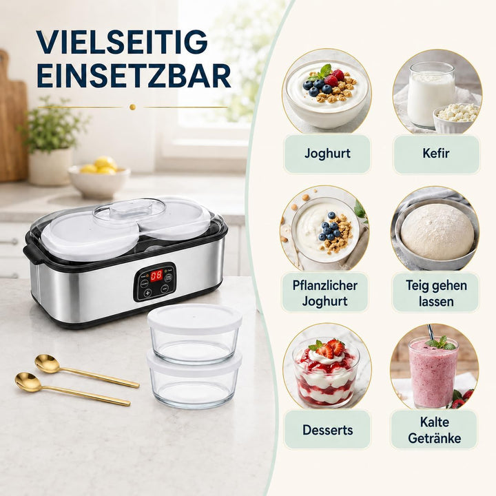 Joghurtbereiter, 2 Glasbehälter mit Deckel, Je 60 Unzen, zwei goldfarbene Löffel, Ideal für Zubereit