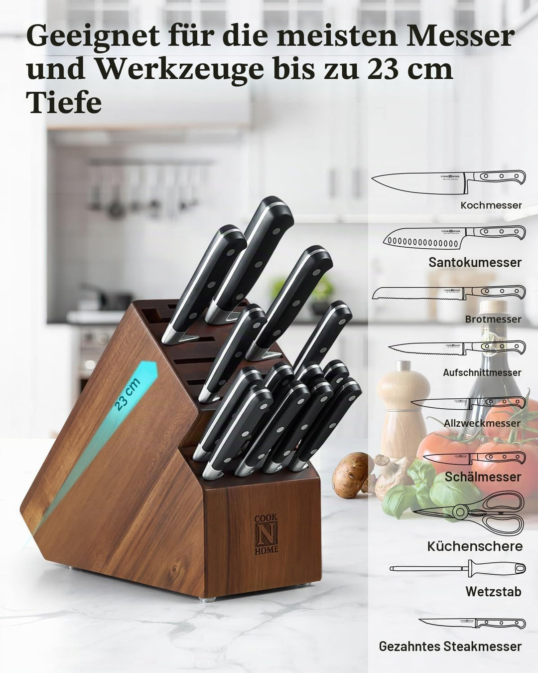 Cook N Home Messerblock aus Akazienholz, ohne Messer, 20 Schlitze, Universal-Messerhalter, Arbeitspl