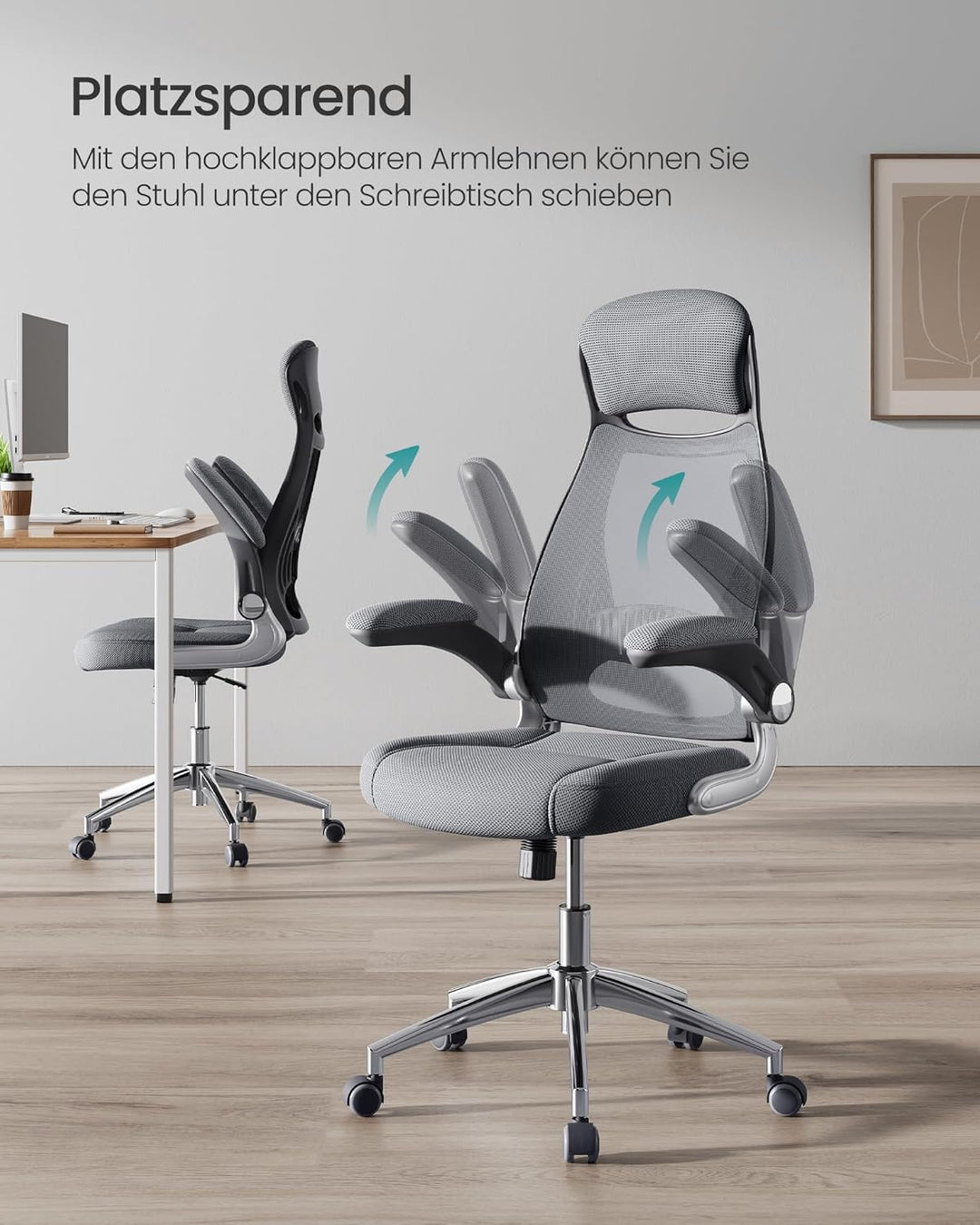 SONGMICS Bürostuhl, Drehstuhl, Chefsessel mit klappbaren Armlehnen, Kopf- und Lendenstütze, neigbar,