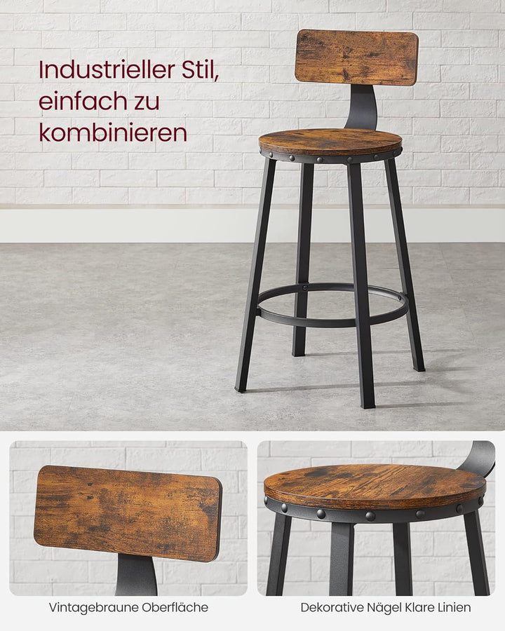 VASAGLE Barhocker, 2er Set, Barstühle, Küchenstühle mit Metallgestell, Sitzhöhe 62,5 cm, einfache Mo