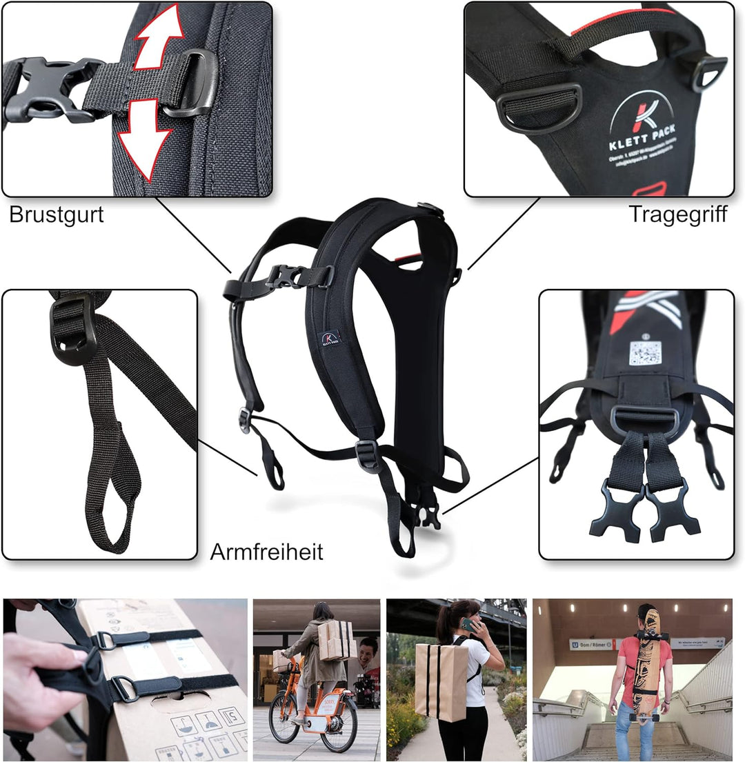 KLETTPACK® Rücken Tragegurt für Pakete, Hobby, Snowboard, Beruf &amp; Urlaub, kein unhandliches Schleppe