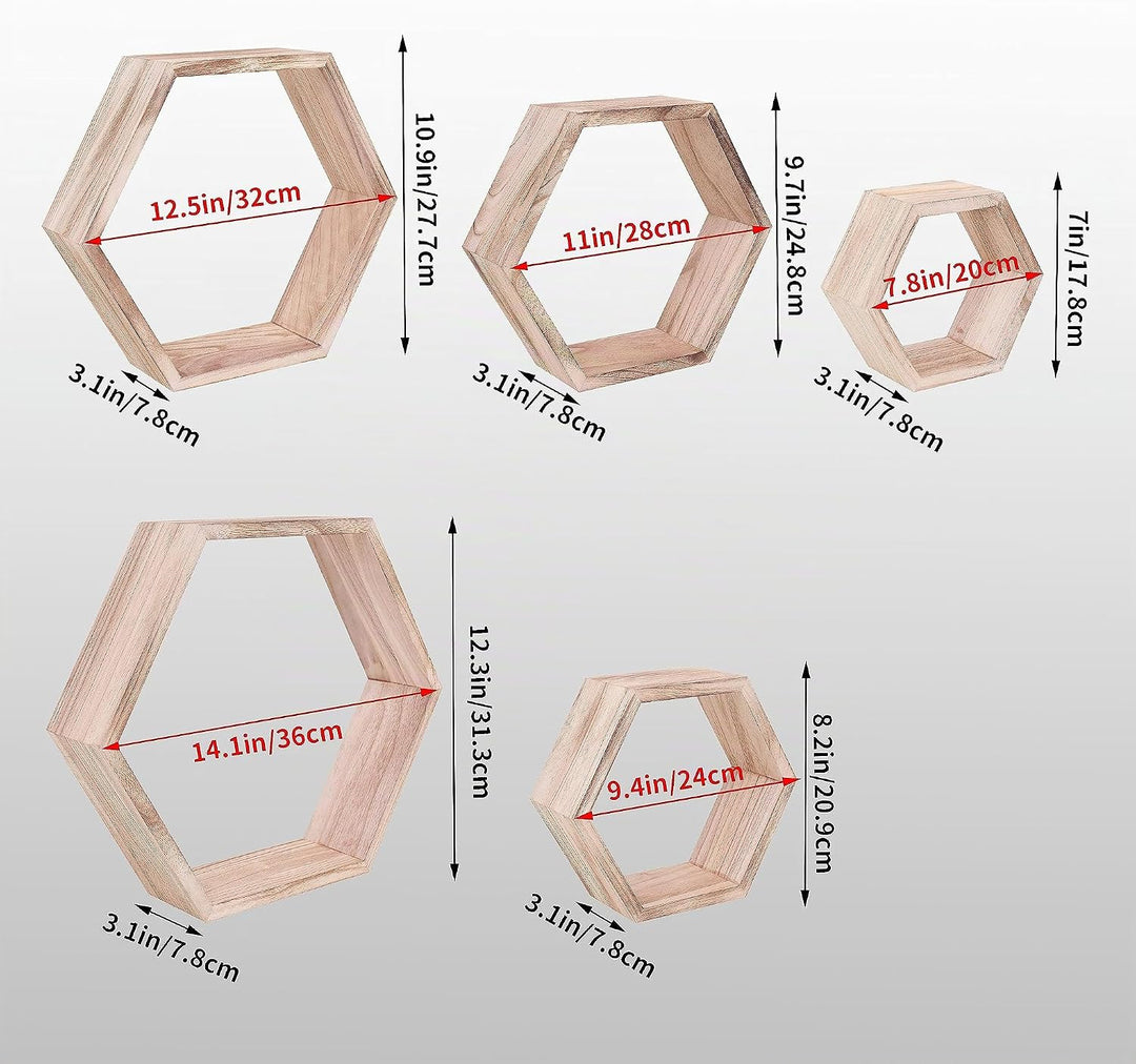 WONFUlity Hexagon schwebende Regale, 5er-Set, Wandmontage, Holz, Bauernhaus-Aufbewahrung, Waben-Wand
