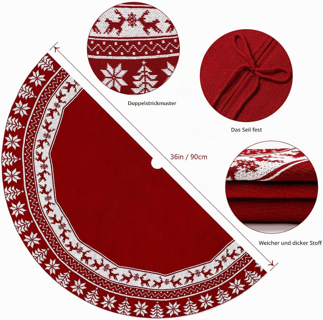 Weldomcor Weihnachtsbaum Rock 90cm Gestrickte Weihnachtsbaumdecke Pad Runde Elch Schneeflocken Gross