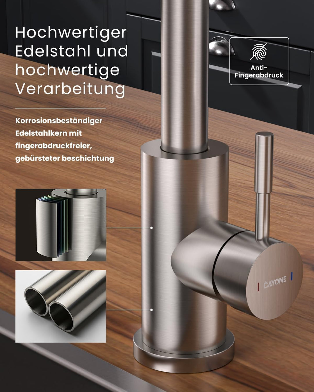 DAYONE Niederdruck Küchenarmatur, Ausziehbarer Wasserhahn mit 3 Strahlarten, Wasserhahn Küche mit 3