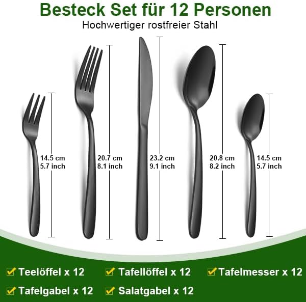 Hunnycook Besteck Set 12 personen, 60 Stück Besteck Schwarz Edelstahl, Schwarzes Besteck mit Gabeln,