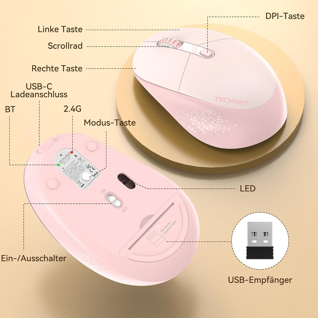 TECKNET Classic Kabellose Maus, Silent Bluetooth Maus (Tri-Modus BT5.2/3.0+2.4G), Wiederaufladbar Er