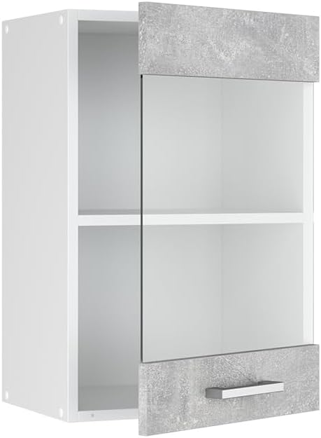 Vicco Küchenschrank Glas R-Line, Beton/Weiss, 40 cm Beton Hängeglasschrank 40cm, Beton Hängeglasschr