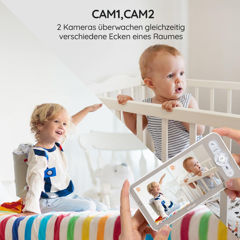 ieGeek Babyphone mit 2 Kamera [2K/3MP, 5 Zoll] WLAN Video Babyfon PTZ 355°, IR-Nachtsicht, Automatis