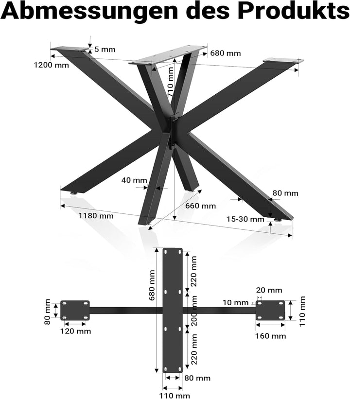 Tischkufen Tischgestell aus Stahl 71x68x120cm Spidergestell in Schwarz Tischbeine mit Spider-Profil,