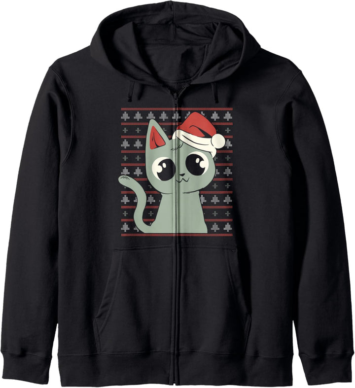 Süsse Katze mit Weihnachtsmütze Weihnachten Strick Motiv Kapuzenjacke