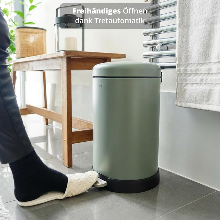 KHG Mülleimer 20 L Grün mit Softclose-Deckel & Tretfunktion - Pulverbeschichteter Metall-Abfalleimer