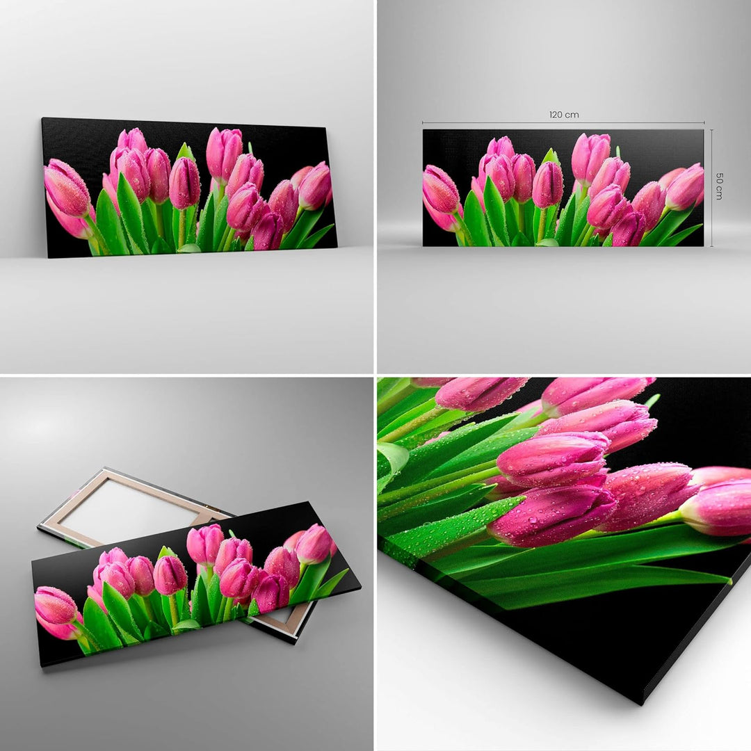 Wandbilder Dekoration Wohnzimmer Tulpen Blumenstrauss Tau Tropfen Panorama Bilder auf Leinwand 120x5