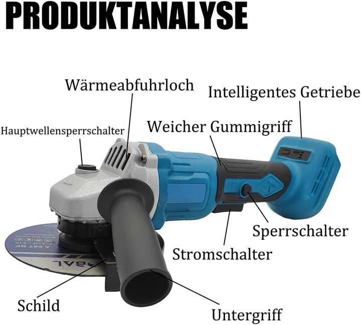 Akku-Winkelschleifer mit 2 Akkus,12 Zubehörteilen,125mm Bürstenloser Winkelschleifer,11000U/min, zum