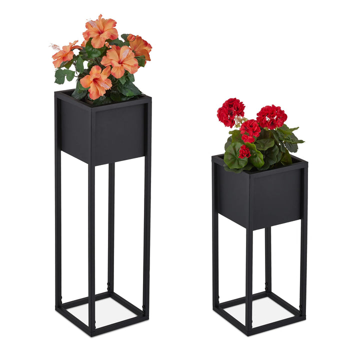Relaxdays Blumenständer 2er Set, Metall, 2 Grössen, mit Gestell, Wohnzimmer & Flur, eckiger Pflanzto