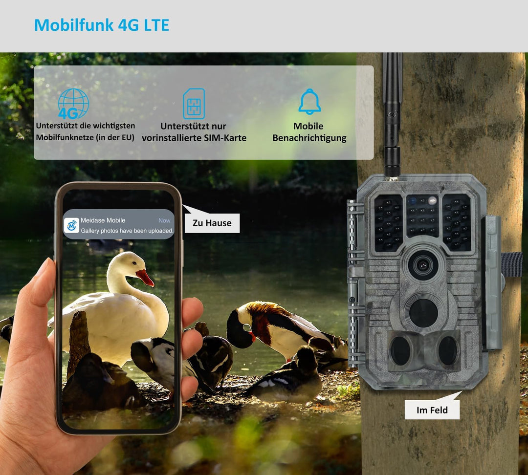 Meidase S960 4G LTE Wildkamera mit Wiederaufladbarem 8000-mAh-Lithium-Akku, Wildtierkamera Handyüber