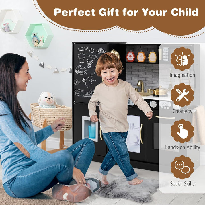 HOMASIS Spielküche mit 10 Zubehör, Kinderküche Holz, Spielzeugküche mit Tafel Spüle Herd Ofen Mikrow