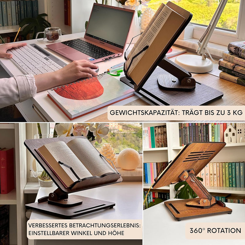 Vigo Wood Buchständer zum Lesen 360° verstellbar, Hölzerner Laptop-Ständer, Kochbuchhalter, Notenstä