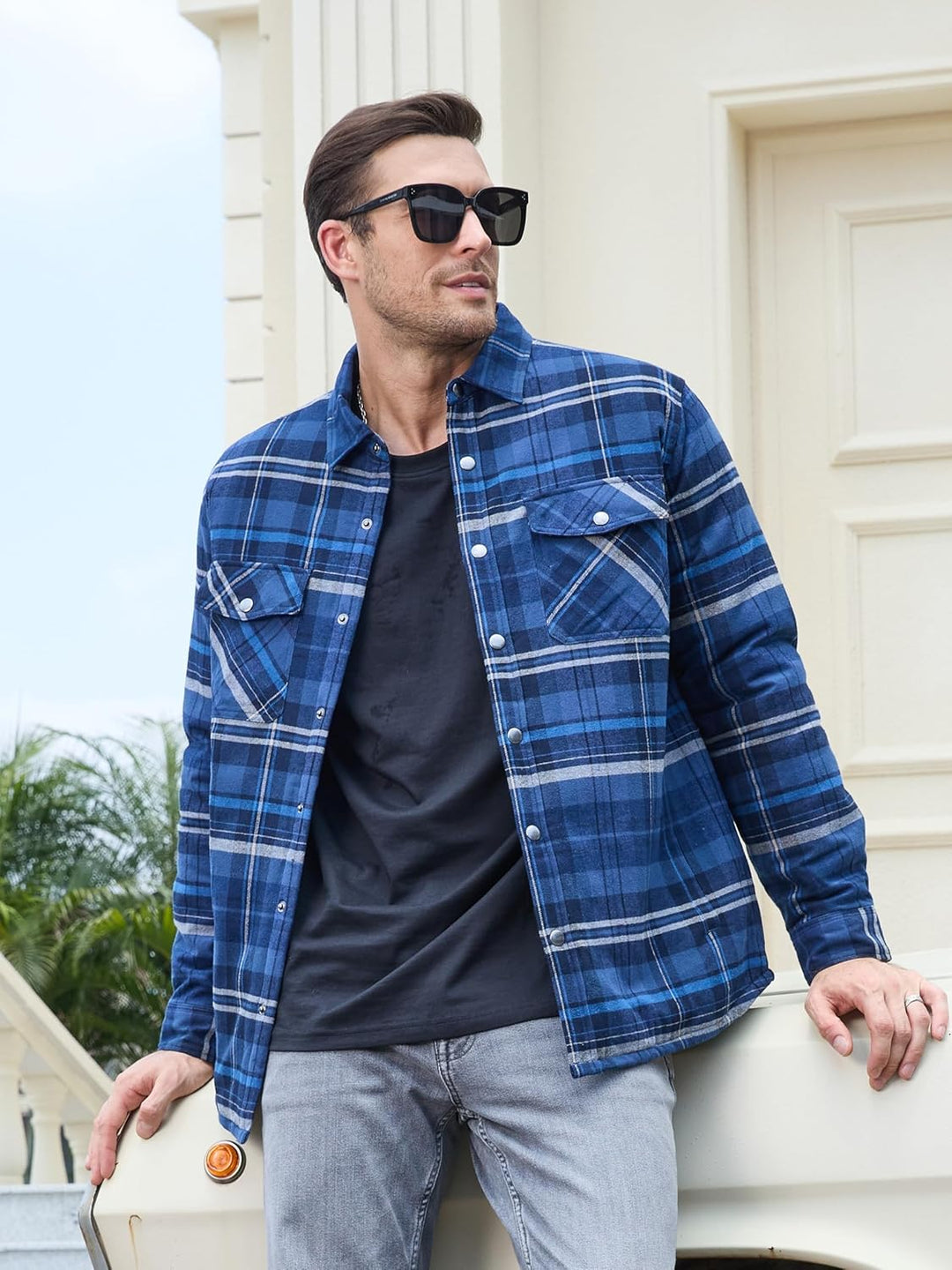 TACVASEN Herren Karierte Hemdjacke Flanellhemd Holzfällerhemd Thermohemd Jacke S Blau Grau, S Blau G