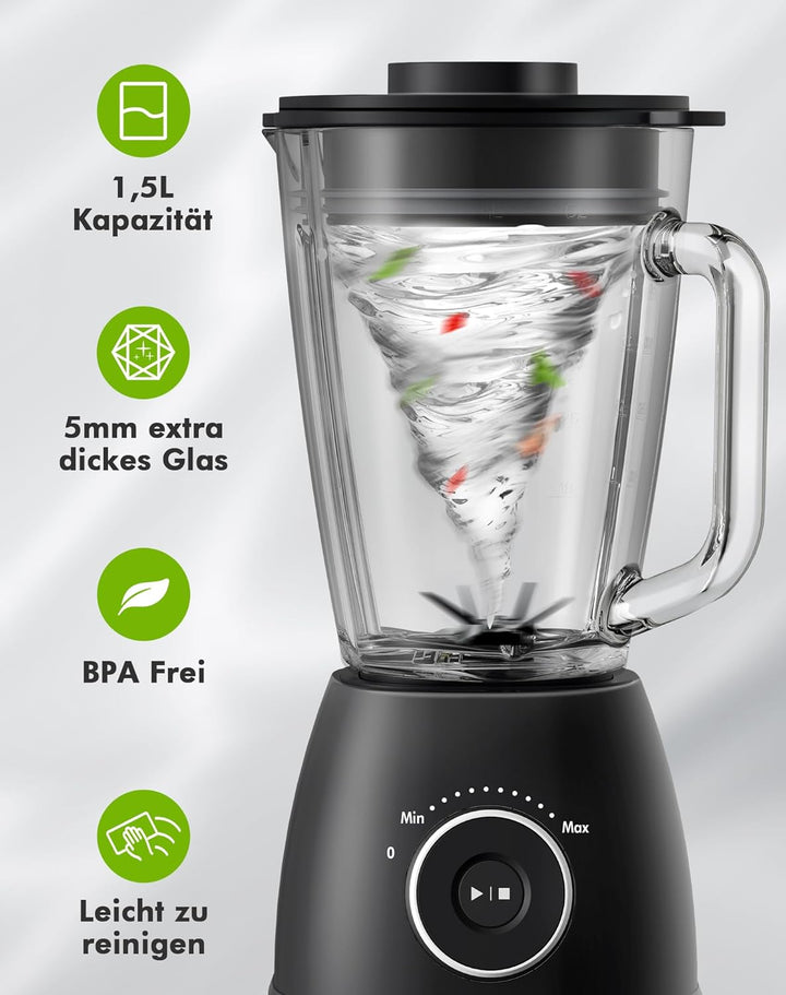 Mixer, Smoothie Maker, Standmixer, 1500 Watt Hochgeschwindigkeits Mixer Smoothie Maker mit 1,5L Glas
