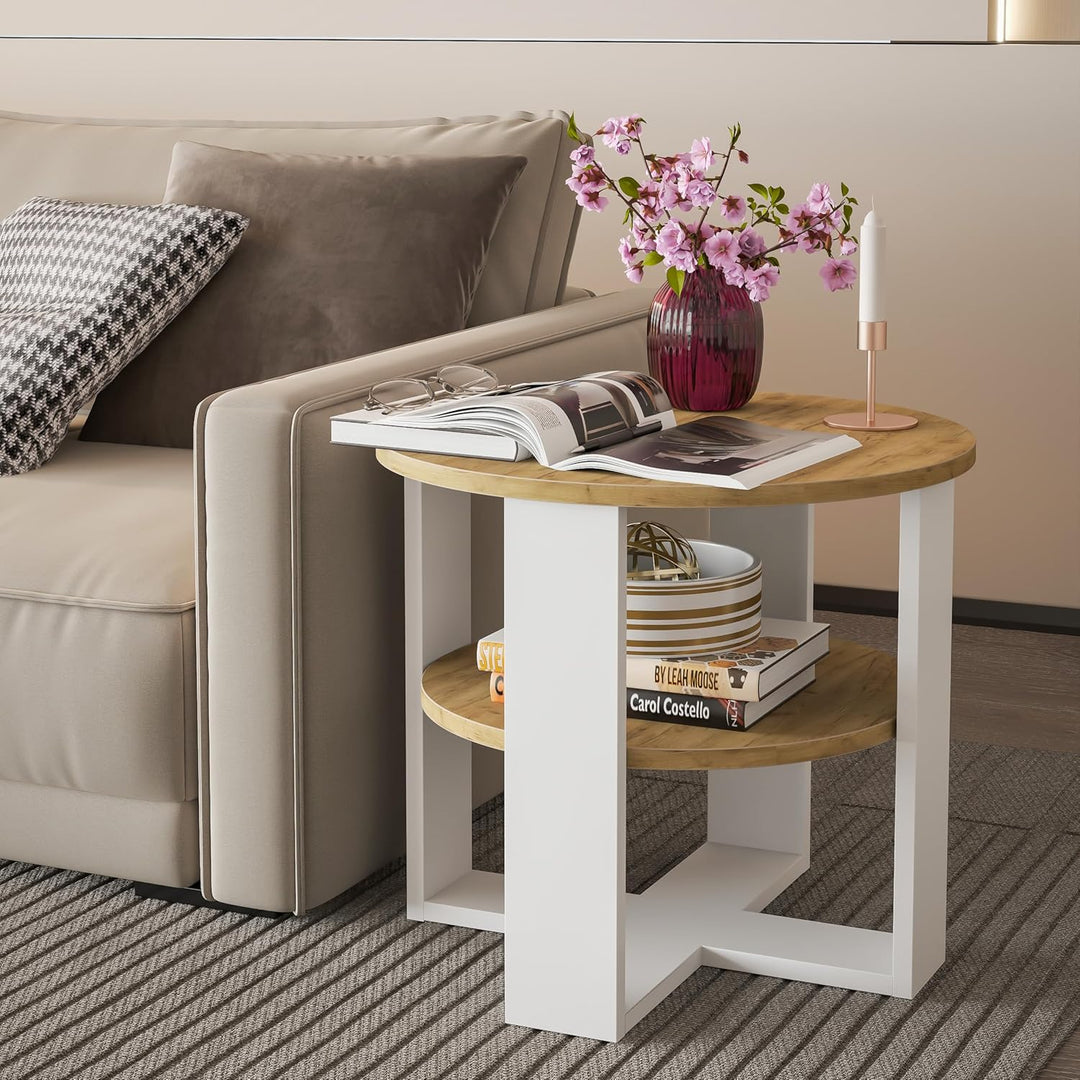 Couchtisch rund Eiche Ø53 cm -Kleiner Beistelltisch mit Ablage - 2 Ebenen, runder moderner Kaffeetis