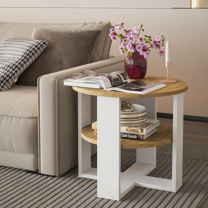 Couchtisch rund Eiche Ø53 cm -Kleiner Beistelltisch mit Ablage - 2 Ebenen, runder moderner Kaffeetis