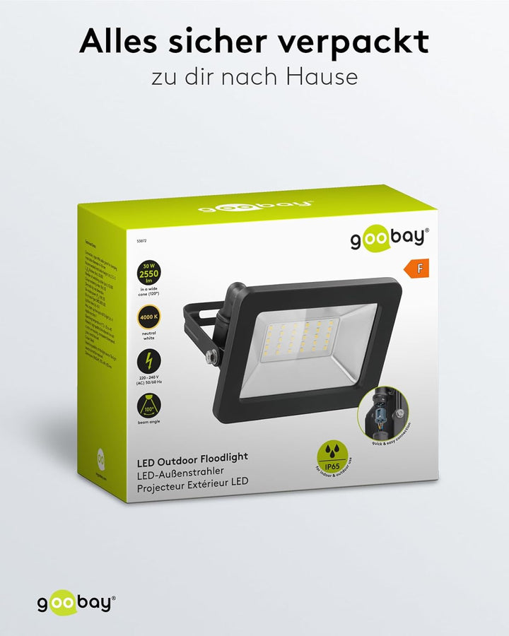 goobay 53872 LED Strahler Aussen 30W / Aussenstrahler IP65 / Neutralweisses Licht 2550 lm/LED Schein
