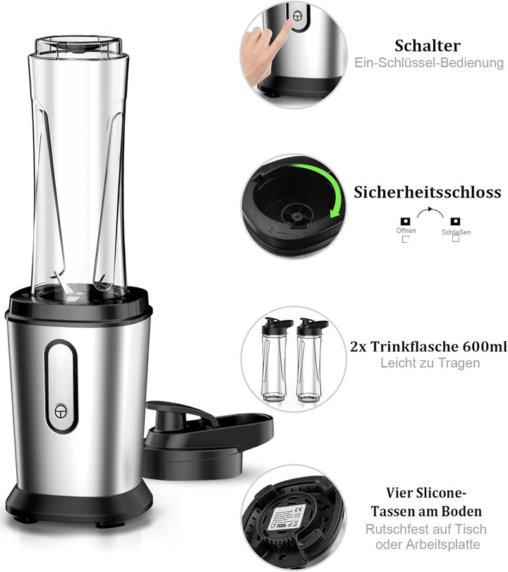 Mixer, Smoothie Maker, 500W Standmixer Mini Mixer Smoothie Maker mit 2x600ml Smoothie Flaschen BPA f