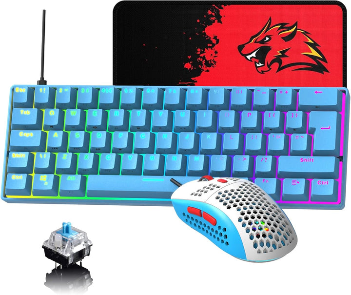 60% UK-Layout Kabelgebundene Gaming-Tastatur und -Maus, 62Keys Mini Compact Mechanical Keyboard, 19