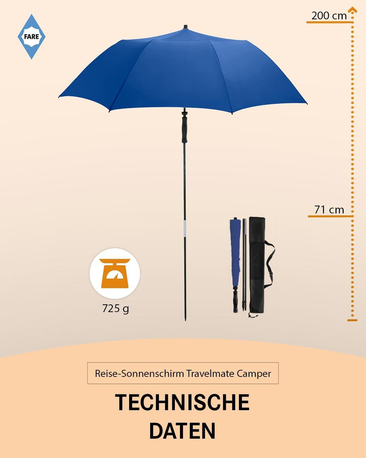 FARE Reise-Sonnenschirm Travelmate Camper UV Schutz 50+ für Koffer Flugzeug Camping Balkon Strand Ga