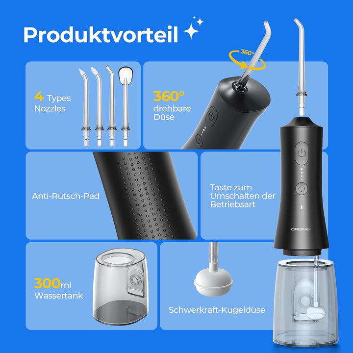 Operan Munddusche Kabellos, Tragbar Elektrische Zahndusche, Mattschwarz | Munddusche mit 300 ml Fass