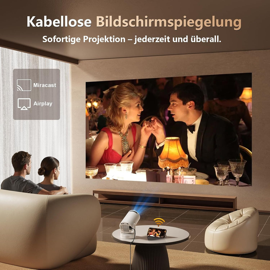 Smart Mini Beamer, 1080P unterstützt 4K, mit Auto-Keystone & Manueller Fokussierung, 280 ANSI Lumen,