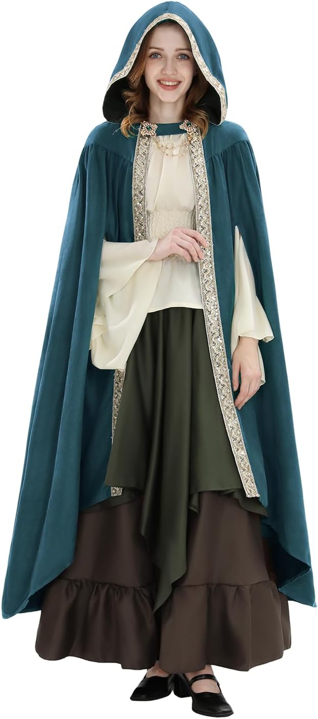 Fiamll Mittelalter Umhang Damen Kapuze Mantel mit Manschette Einfarbige Trenchcoat Renaissance Vampi