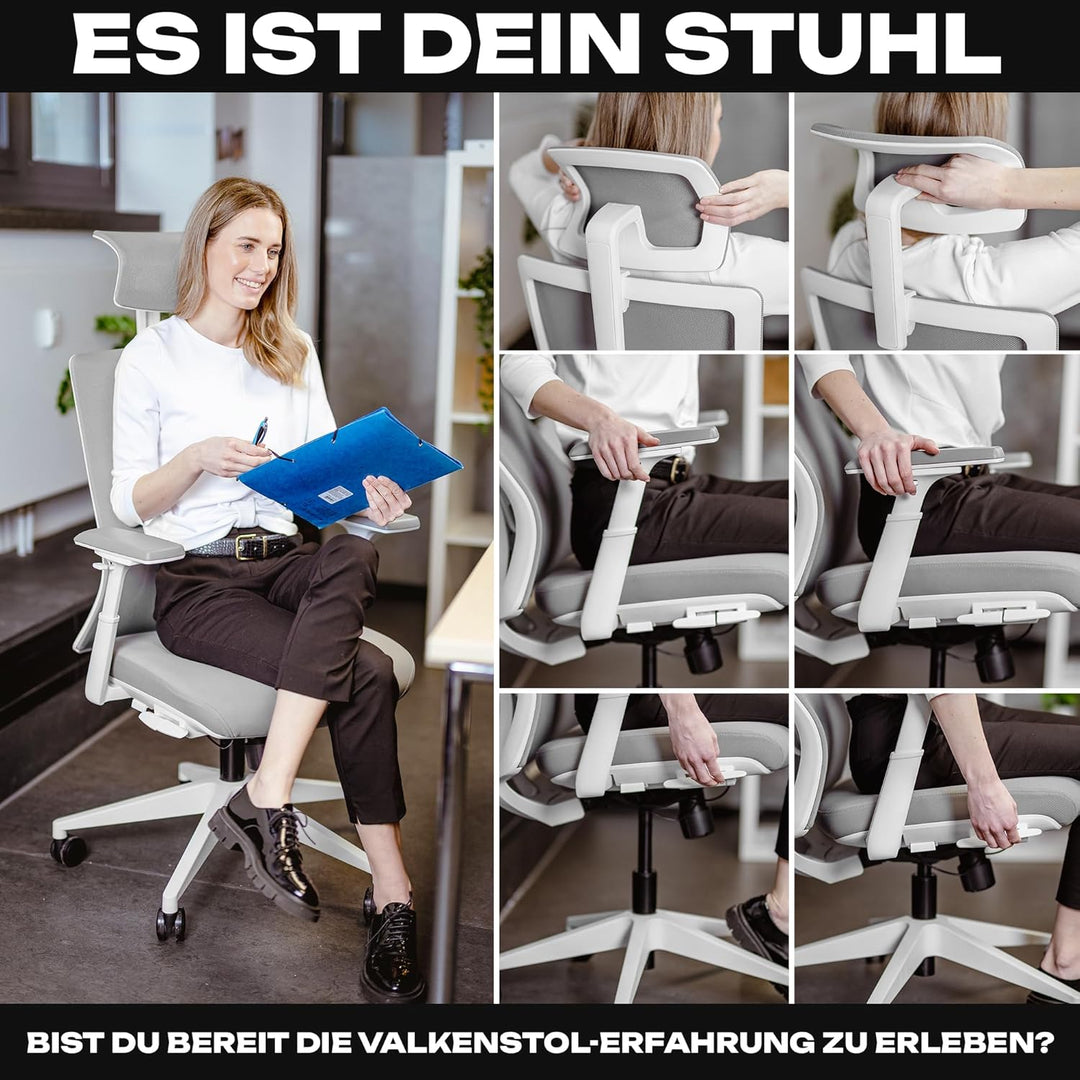 VALKENSTOL M3 Pro Ergonomischer Bürostuhl 150 kg Grau – [Höhenverstellbare Lordosenstütze] Schreibti