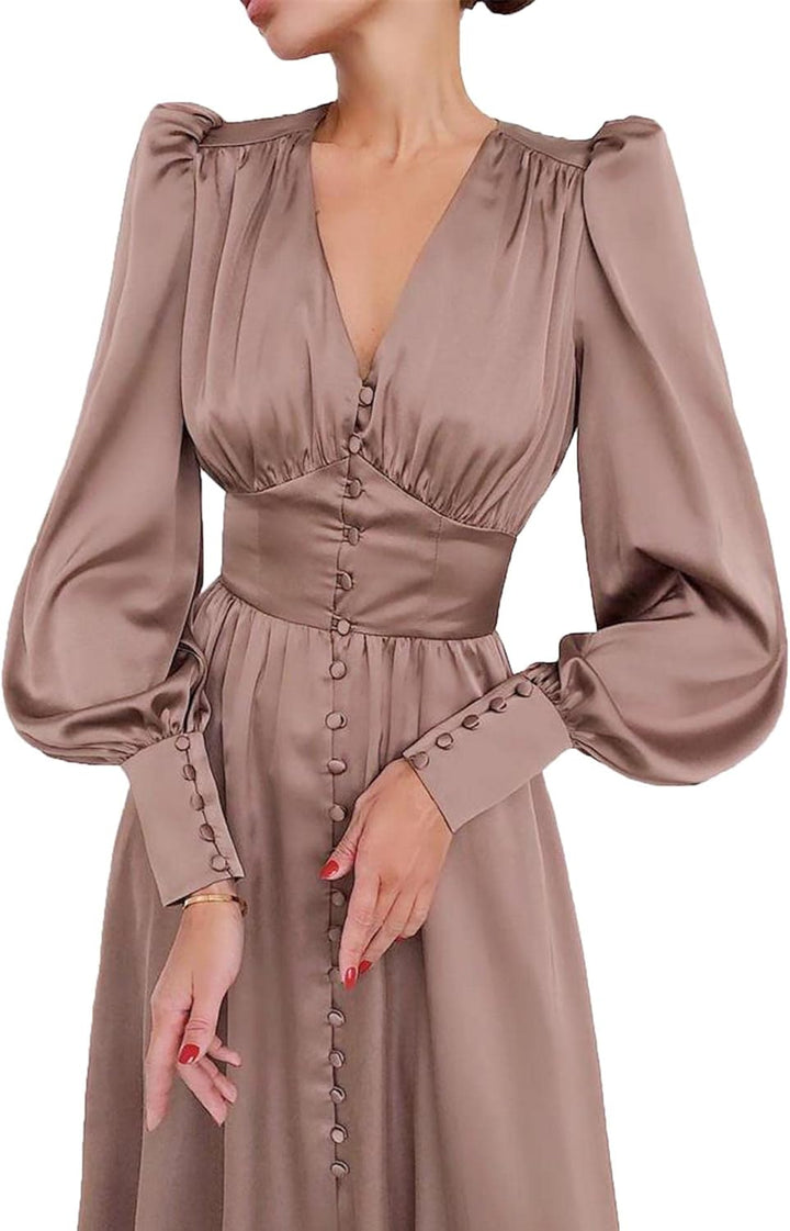 xxxiticat Damen Langarm Satin Maxikleid Lange Laternenärmel Knopfleiste Rüschen Einreihig Vintage Pu