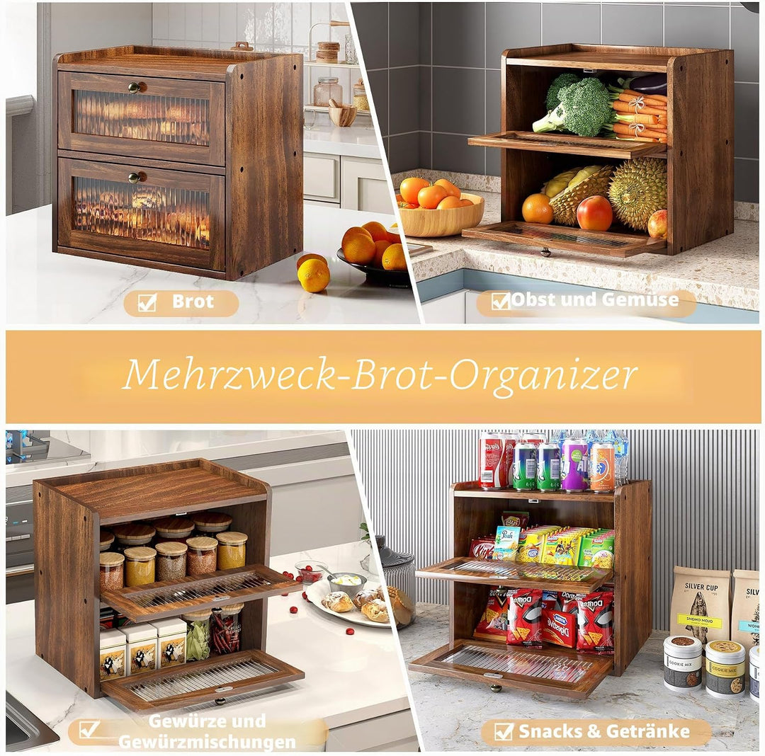 Brotkasten Holz, 2 Etagen Gross Brotbox mit Belüftungsloch, Längere Frische & Einfache Pflege, Küche