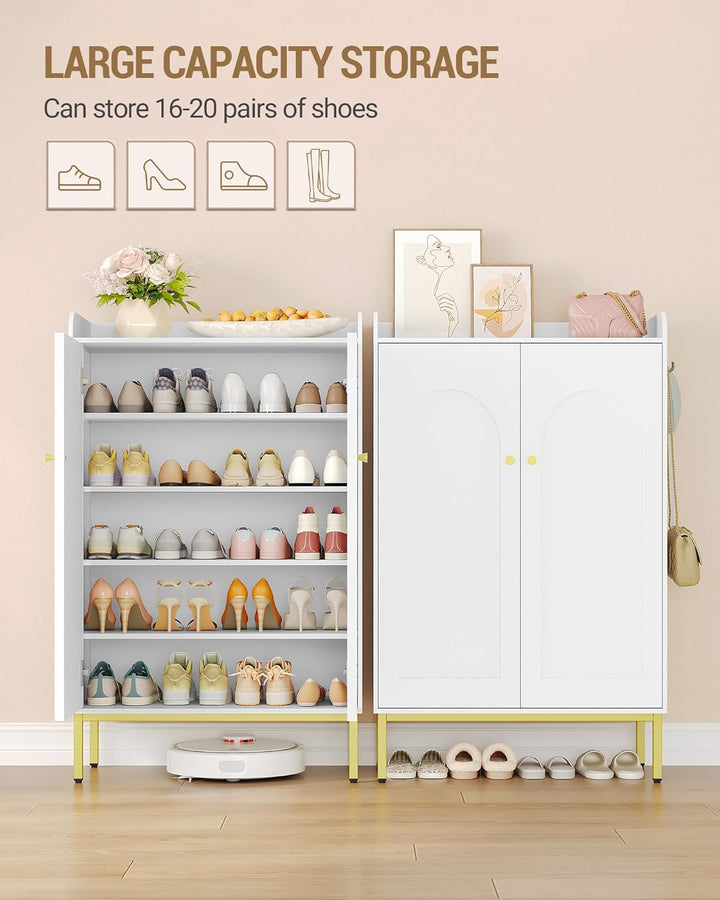Hzuaneri Schuhschrank, Schuhkommode mit 5 Ebenen, Verstellbare Regalböden, 16-20 Paar, Goldener Grif