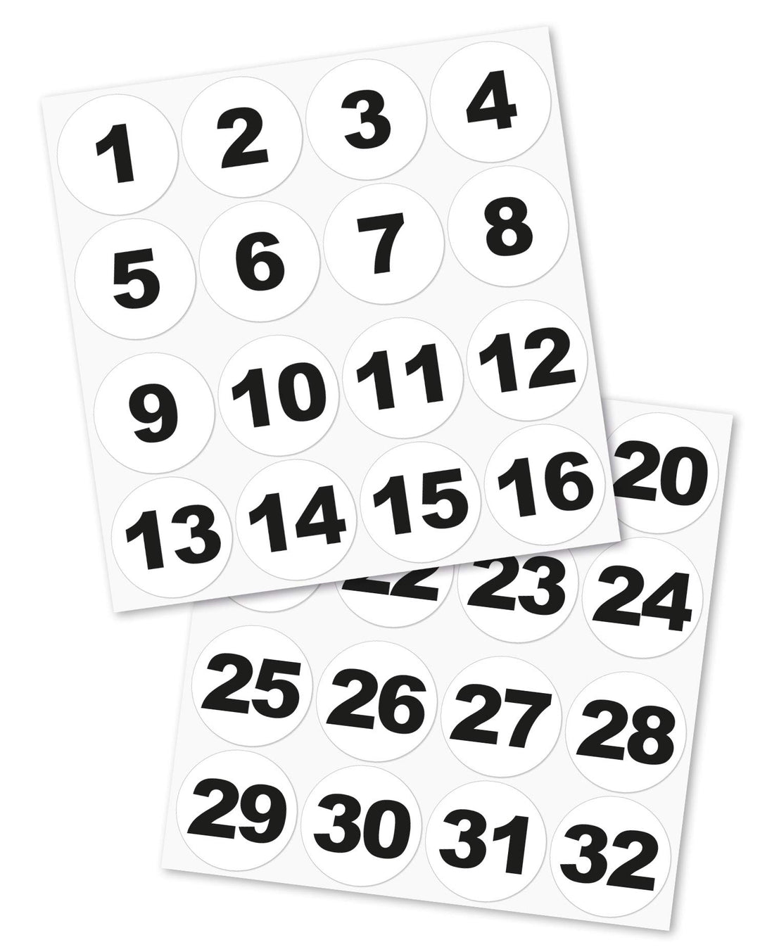 Runde Zahlenaufkleber Nr. 1-32, Grösse: 60 mm, vinyl, schwarz/weiss