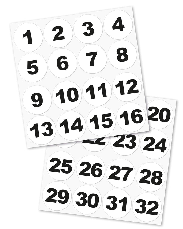 Runde Zahlenaufkleber Nr. 1-32, Grösse: 60 mm, vinyl, schwarz/weiss