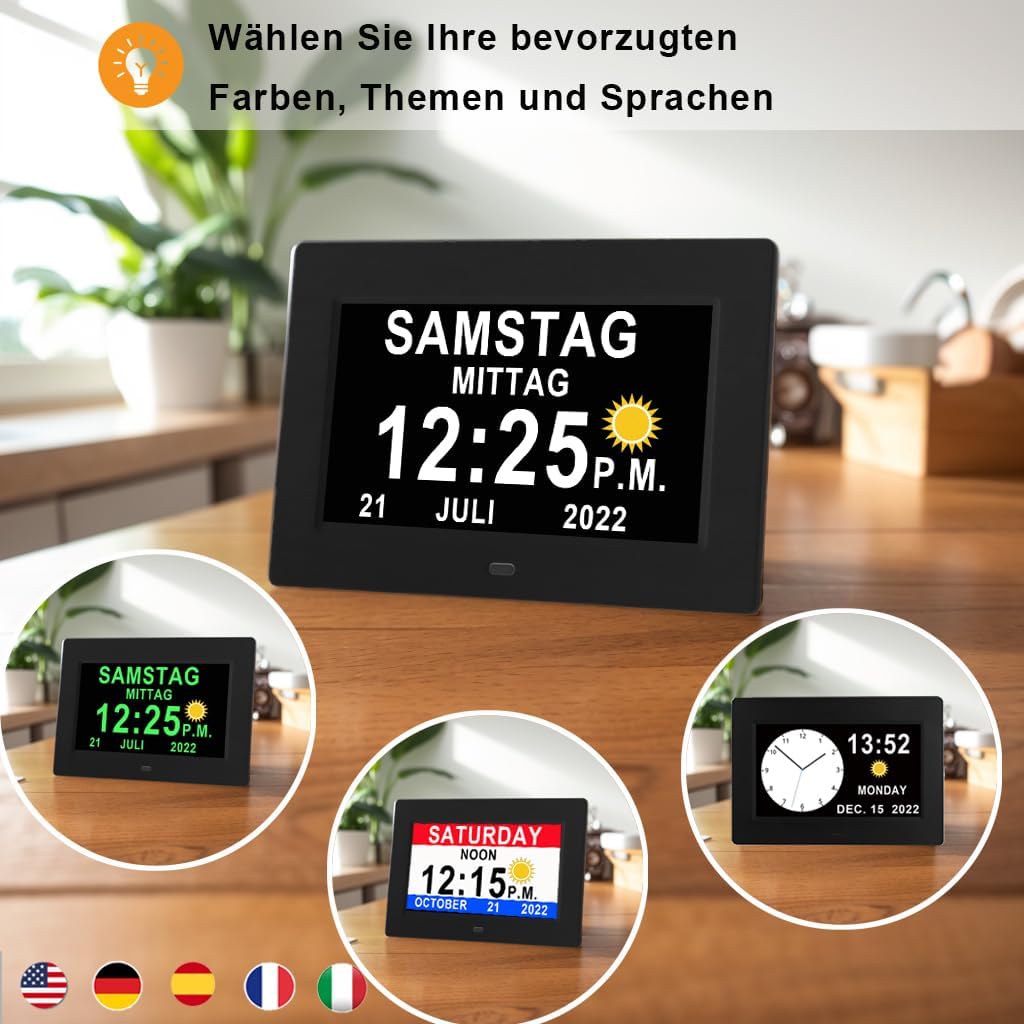 Véfaîî 2024 Neu, 19 Alarme Elektronische Tag Datum Kalenderuhr, Nicht-Abgekürzte Tag Datum Grosse Uh