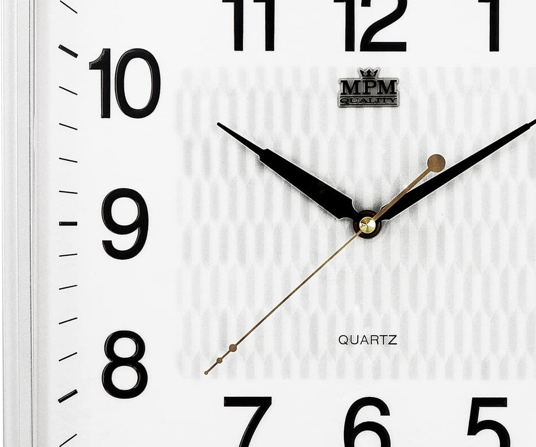 MPM Quality Quadratische Kunststoff-Wanduhr Weiss/Silber, Wanddekoration, Quarz-Uhrwerk, Reibungslos