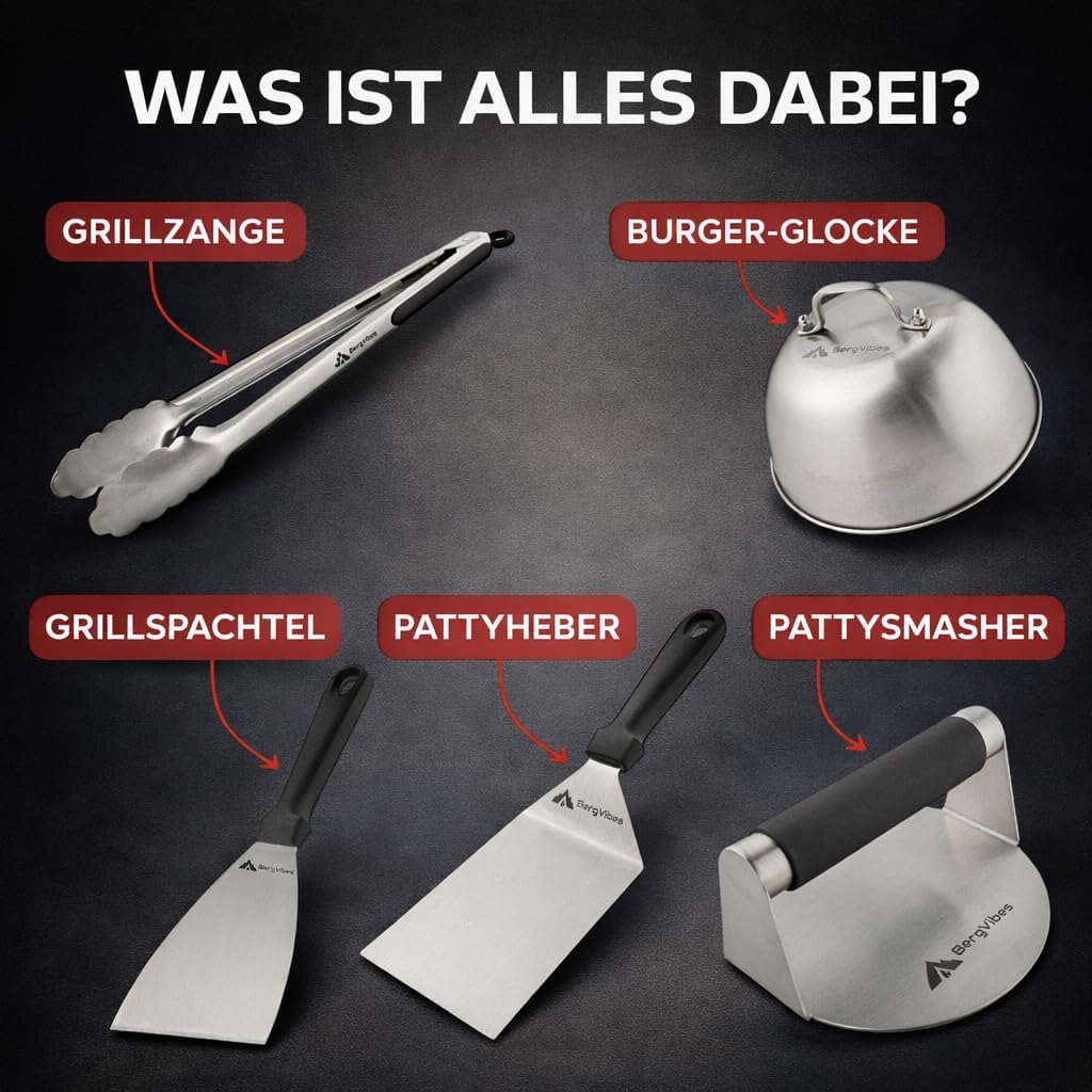 Burger Smasher,Smash Burger Set 5TLG. aus Edelstahl,Smash Burgerpresse, Burgerglocke,Plancha zubehör