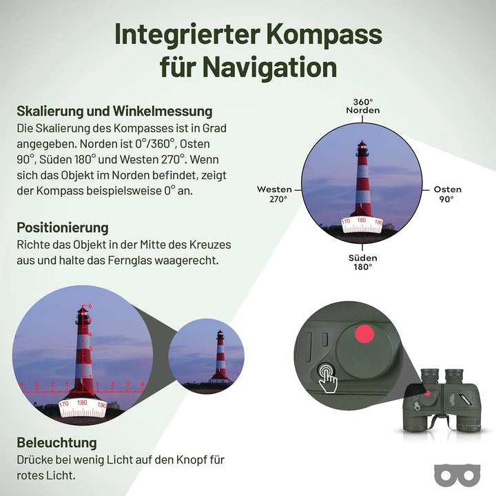 Zoomble 10x50 Marine-Fernglas für Erwachsene | Fernglas mit Entfernungsmesser und Kompass | Verrekij