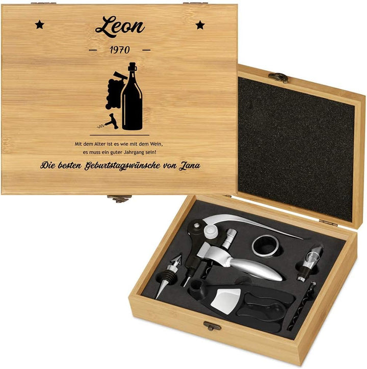 Maverton Weinöffner-Set personalisiert Weinset Sommelier Set - Geschenkbox Holzbox + 6er Weinzubehör