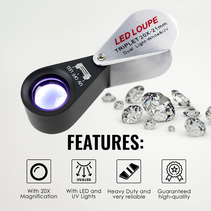 10x faltbare und beleuchtete Lupe für Juweliere. 21mm UV und LED Licht für Steine Briefmarken Münzen