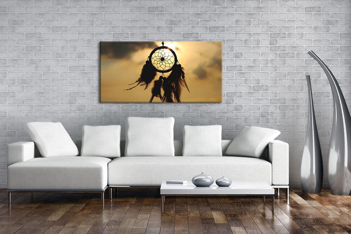 Traumfänger im Wind Panorama 60x30 cm als Leinwandbild, Motiv fertig gerahmt auf Echtholzrahmen, Hoc