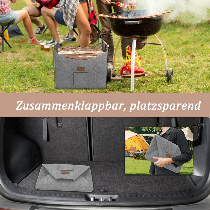 FIVMEN 2X Filztasche für Kaminholz Brennholz Faltbar mit Extra Dicker Filz und Verstärkter Holzgriff