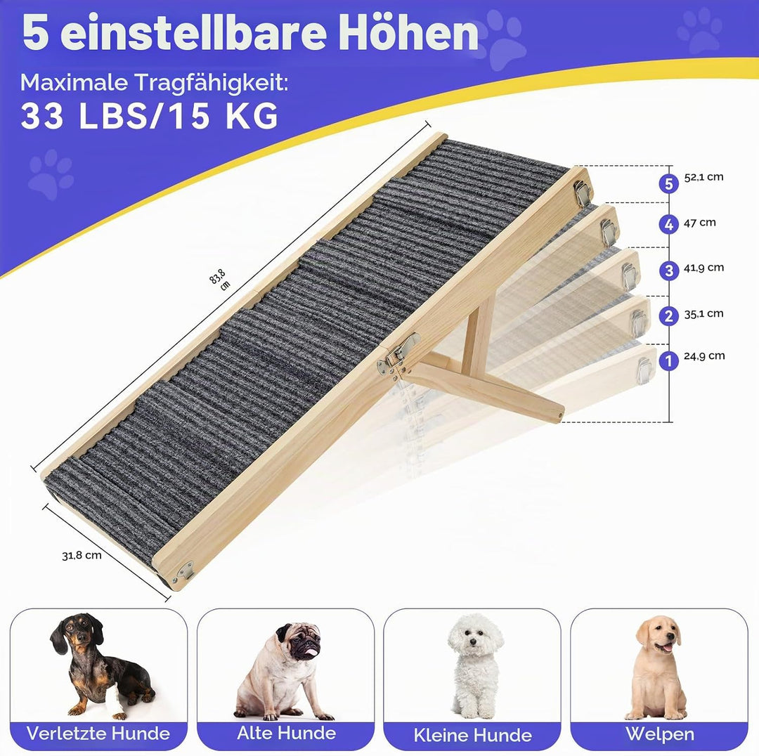2025 Upgraded Hund Rampe für Couch, Faltbare Hölzerne Kleine Hund Rampe für Bett, 4 Einstellbare Höh